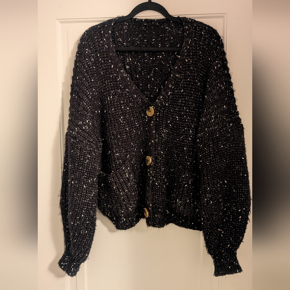Black Knit Women's Sweater with Wooden-looking Buttons